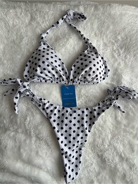 White & Black Polka Dot Tie-Side Bikini